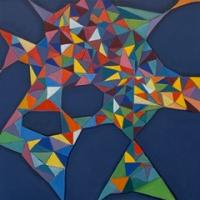 Abstract painting with angular shapes in saturated colors on dark blue background.