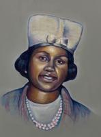 Painting of woman wearing a hat and pearls.
