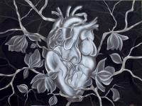 Grayscale drawing of a heart with leaves and branches growing around it.