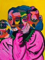 Abstract portrait of one body and four heads painted in bright blocks of color.