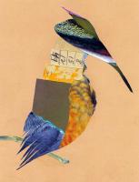 Mixed media collage of bird on pale orange background.