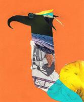 Multi-media collage of bird on orange background.