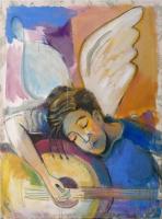 Painting of an angel playing guitar.