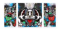 Triptych spray painting on canvas of Dinkcy Mouse using bold contrast and graphic elements.