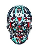 Skull painted in a graphic style with bold color and line.