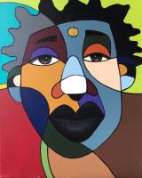 Abstract portrait painting of a man in multiple colors.