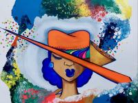 Illustrative style portrait of a woman with blue hair wearing an orange hat, on an abstract background.