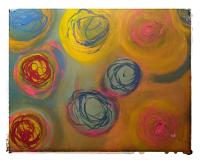 Abstract painting of swirling multi color shapes.