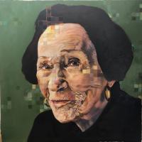 Portrait of Maxine Greene painted with pixelated squares in some areas.
