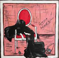 Painting of a blac dress on a red chair with a pink and black patterned background.