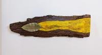 Leave edge plank of wood with leaf and painted yellow strip.