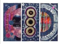Three panel textile with multiple colors, patterns and textures.