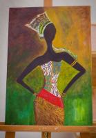 Abstract painting of a woman on a textural and multi colored background.