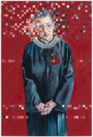 Portrait of Ruth Bader Ginsburg painted with multi colored pixelated squares in areas of the painting.