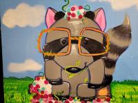 Illustrative style painting of a raccoon in glasses.