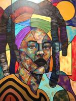 Abstract portrait painting in multiple colors, patterns and textures.