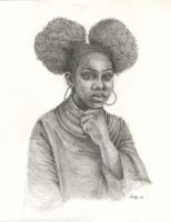 A black woman with two poofs of natural hair held in pony tails with her hand in a fist near her chin.