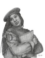 A black woman with her head tilted to the side wearing a beret and holding onto notebooks with both arms.