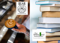 an image of a tattooed hand holding a coffee with a foam design on top, paired with an image of a stack of books, along with the logos of Bear Necessities coffee shop and Green Door books and gifts