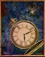 An old fashioned pocket watch that appears to be floating in outer space.