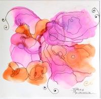 Pink and orange shapes with ink lines and swirls that look like flowers.