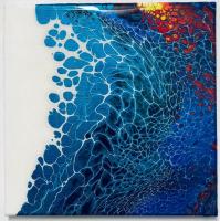 Abstract painting with flowing and pooling blue, red, orange, yellow and white paint.