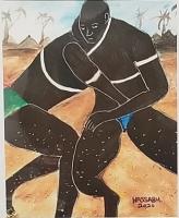 Painting of two men wrestling in the foreground with Sudanese savanna in the background.
