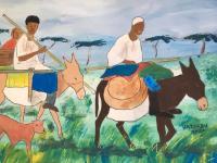 Painting of men and a woman riding donkeys.