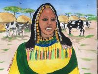Painting of woman in colorful clothing in foreground and huts and livestock in the background.