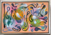 Framed abstract painting of organic shapes on a peach colored background.