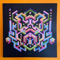 Abstract painting of 3-dimensional, geometric maze on a black background