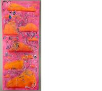 Abstract painting of organic lines and shapes on a pink background.