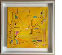 Framed abstract painting of geometric shapes and lines on a yellow backgrouns.