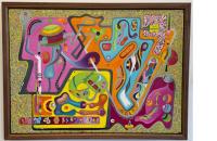Framed, colorful abstract painting of organic shapes set on a textured background.