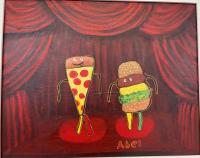 Child-like painting of a hamburger and a slice of pepperoni pizza on a red stage.