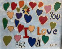 Child-like painting or hearts and text, "I love you" and "I love this".