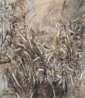 Painting of prairie grasses in neutral tones.