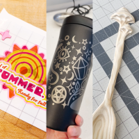 vinyl sticker decal image cropped next to an image showing an engraved tumbler and carved wooden spoon