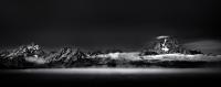 Black and white photograph of multiple  peaks in the Grand Tetons.