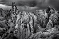 Black and white photograph of rock formations in the Eastern Sierra Nevada mountians.