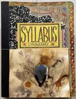 Collaged back and arms in the foreground of an eco painted background and mounted on a notebook containing the text "Syllabus: LyndaBarry".