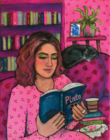 A woman dressed in pink, sitting on a pink couch in a pink room reading Plato with a black cat atop the couch.