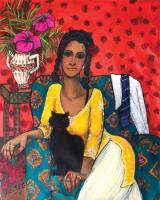 A brightly colored painting with a woman in yellow visiting with a black cat while sitting on a patterned teal chair with red polka dot wall paper behind her and bright pink flowers in a vase next to her.