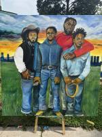 Painting of four males standing in a field.