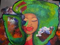 Painting of a woman with green and multicolored hair.
