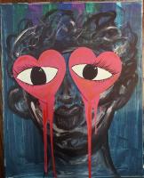 Painted portrait with large eyes inside of heart shapes.