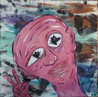 Abstracted portrait painting of a pink person holding up a peace symbol with their hand.