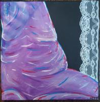 Abstract painting of a pink, blue and purple organic shape.