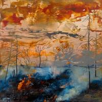 Mixed media image of burned and burning trees and earth.