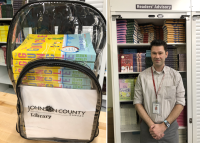 left, copies of The Guncle in a clear backpack. right, Gregg Winsor stands in front of a shelf of books